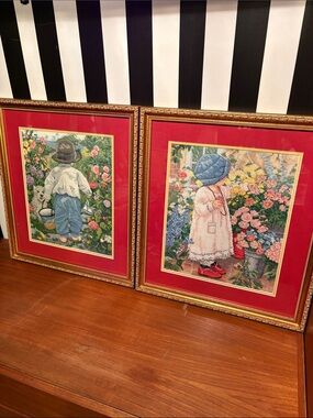 Set of Two Framed Vintage 80s Children Cross-Stitch Prints Garden Coastal Floral